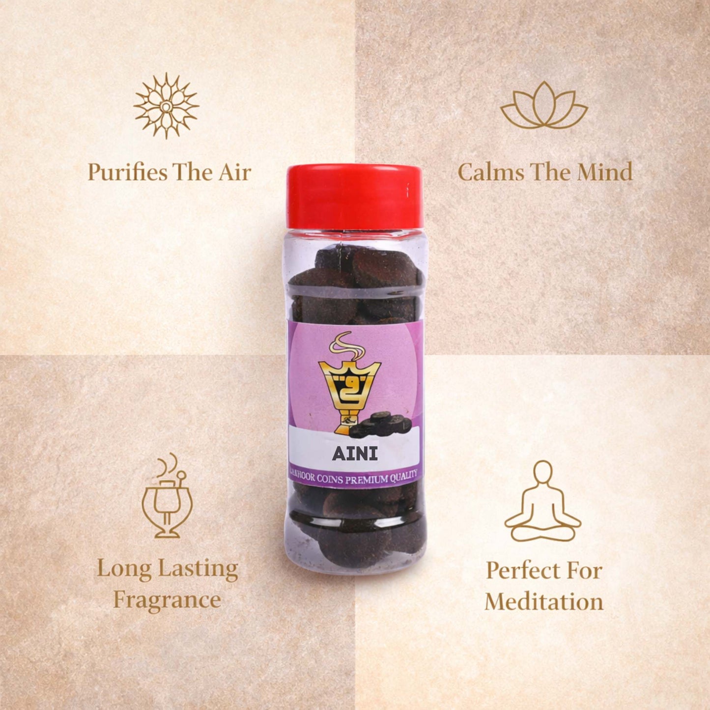 Bottle of AINI incense with text on a beige background