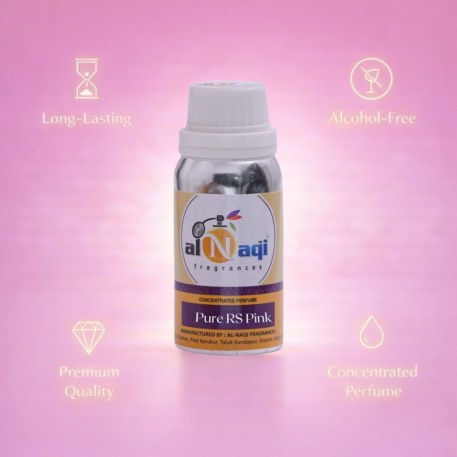 Perfume bottle with 'al-Naqi' branding on a pink background