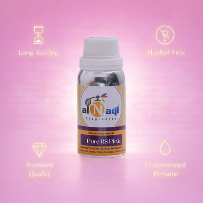 Perfume bottle with 'al-Naqi' branding on a pink background