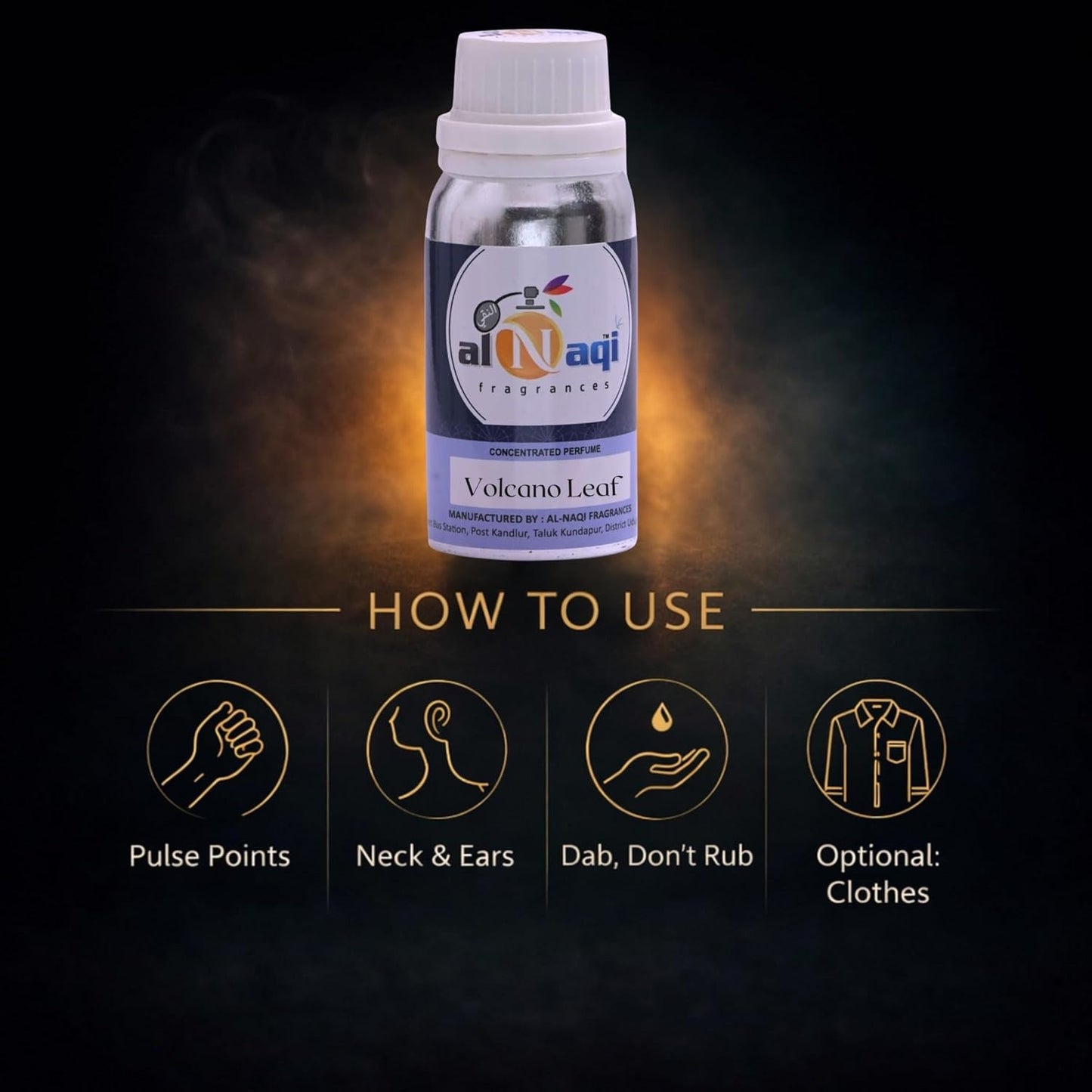 Al Naji Volcano Leaf fragrance bottle with usage instructions on a dark background
