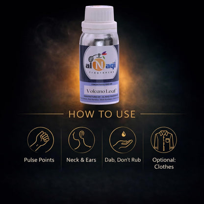 Al Naji Volcano Leaf fragrance bottle with usage instructions on a dark background