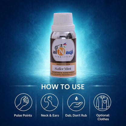 Bottle of Al-Naqi perfume with usage instructions on a blue gradient background