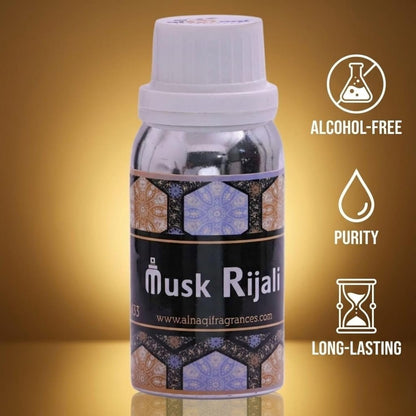Bottle of Musk Rijali with icons indicating alcohol-free, purity, and long-lasting properties on a gold background.
