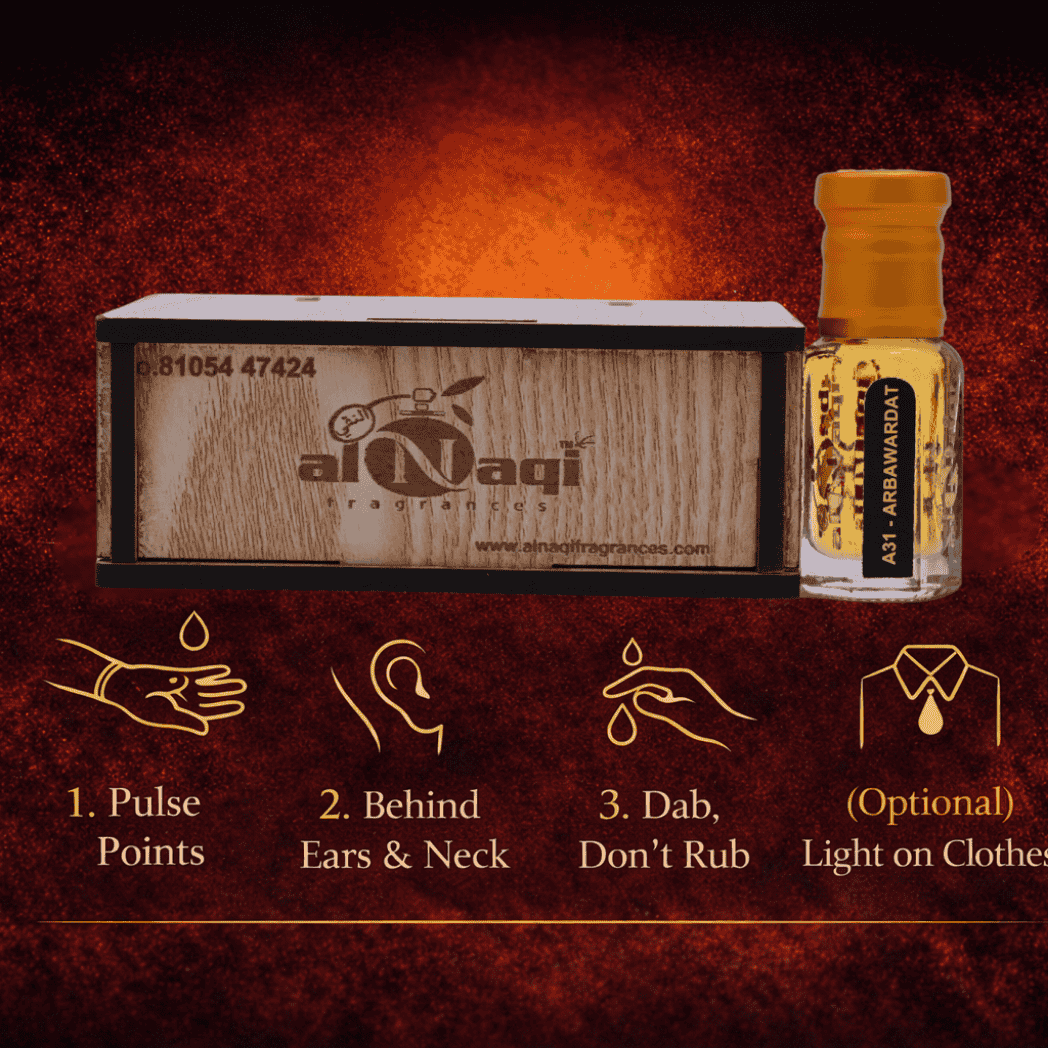 Detailed view of the rich liquid inside the Alnaqi Arba Vardat attar bottle.
