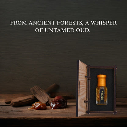 Oud oil bottle in a wooden box with dates and wood pieces on a dark background