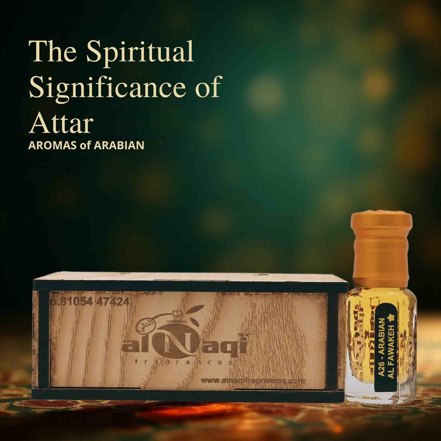 Attar bottle and wooden box with 'Aromas of Arabian' branding on a dark background