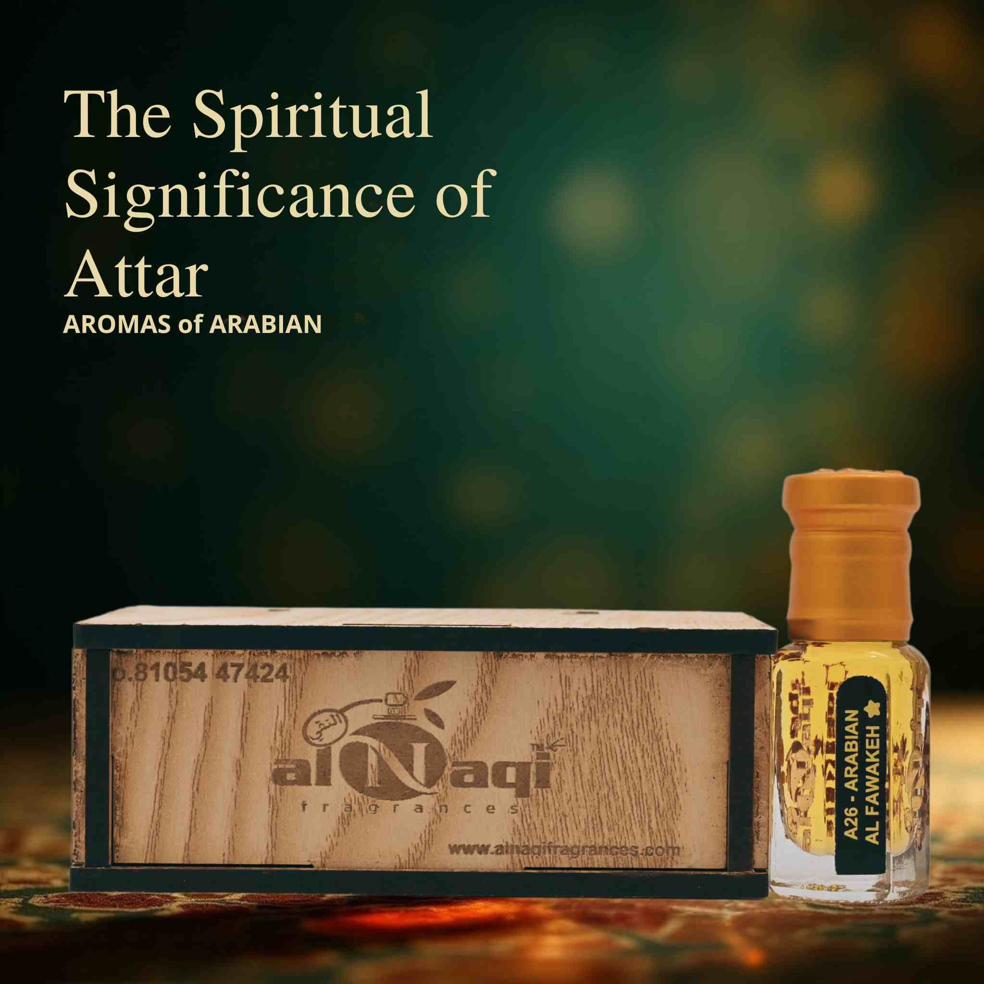 Attar bottle and wooden box with 'Aromas of Arabian' branding on a dark background