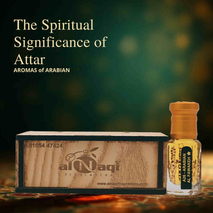 Attar bottle and wooden box with 'Aromas of Arabian' branding on a dark background