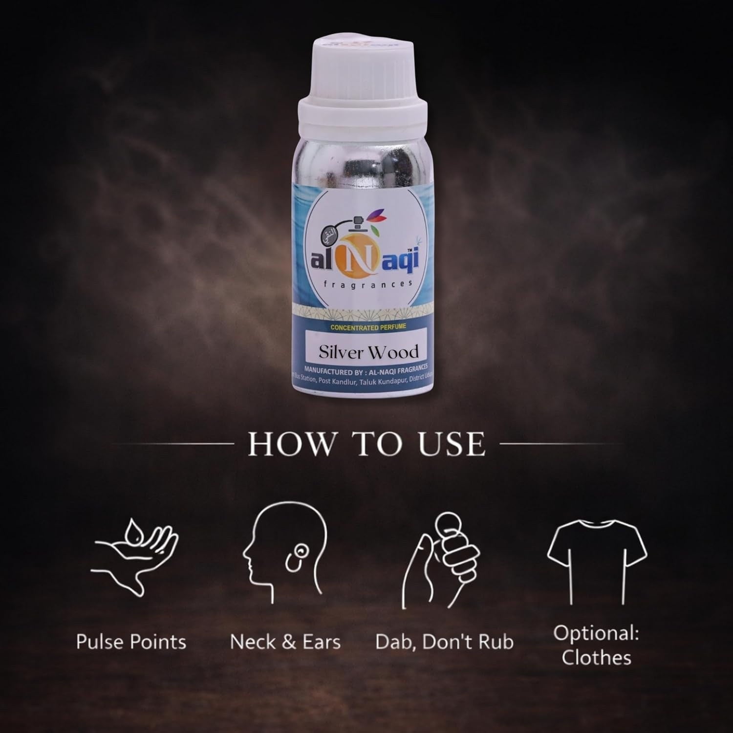 Aniqi Silver Wood fragrance bottle with usage instructions on a dark background
