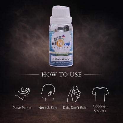 Aniqi Silver Wood fragrance bottle with usage instructions on a dark background