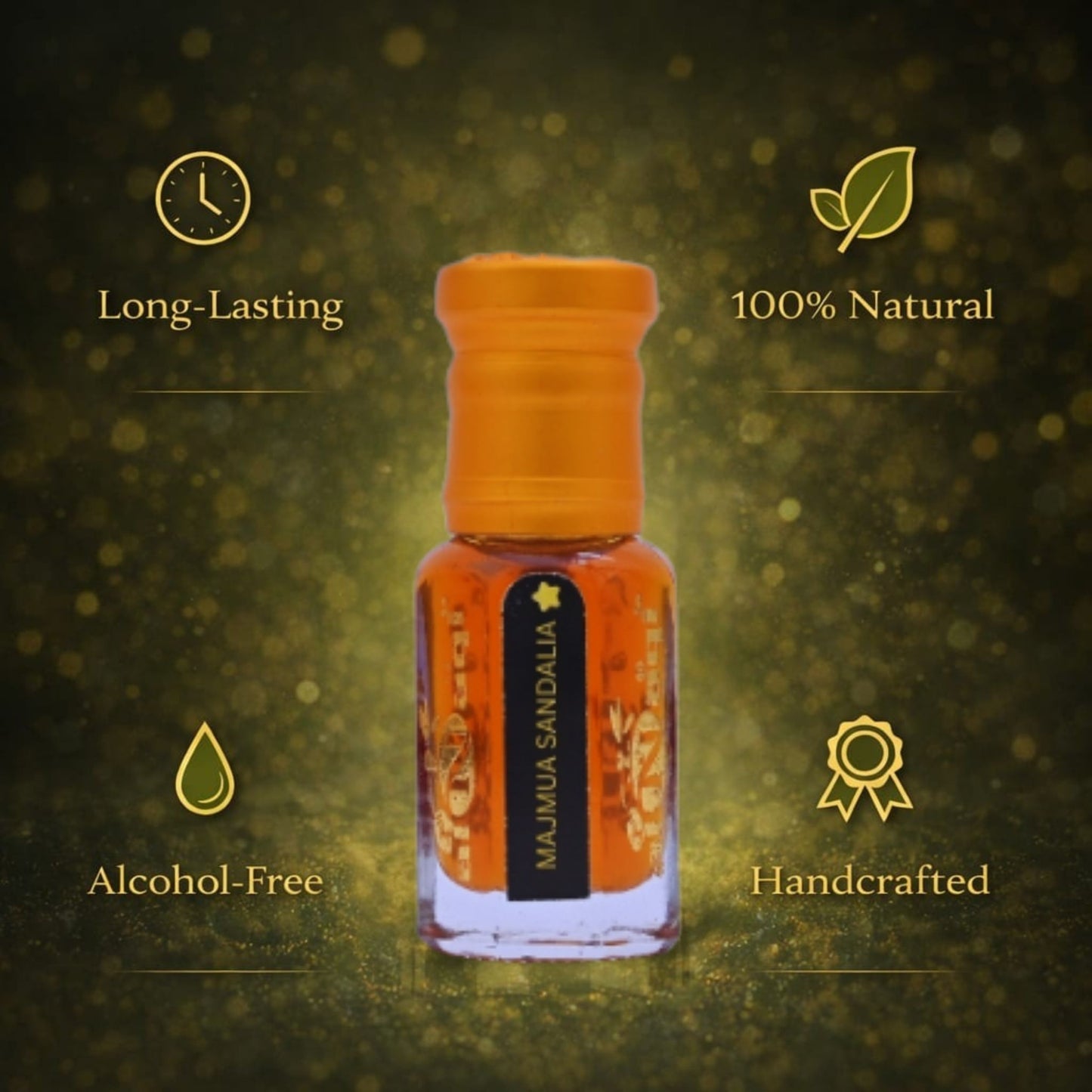 Small bottle with orange cap and label on a dark green background with text about product features.