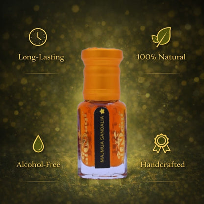 Small bottle with orange cap and label on a dark green background with text about product features.