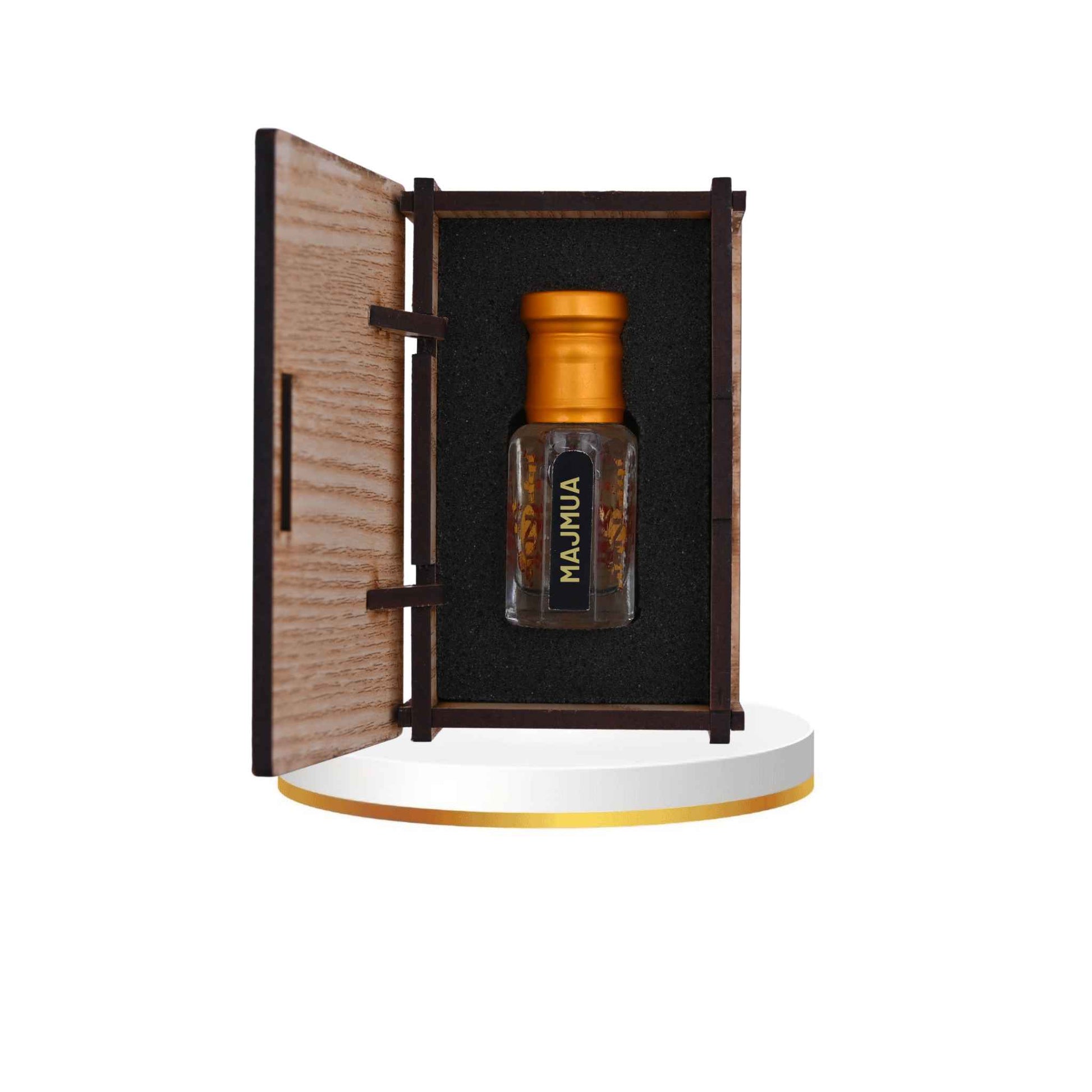 Intricate fragrance bottle with a luxurious design on a wooden surface
