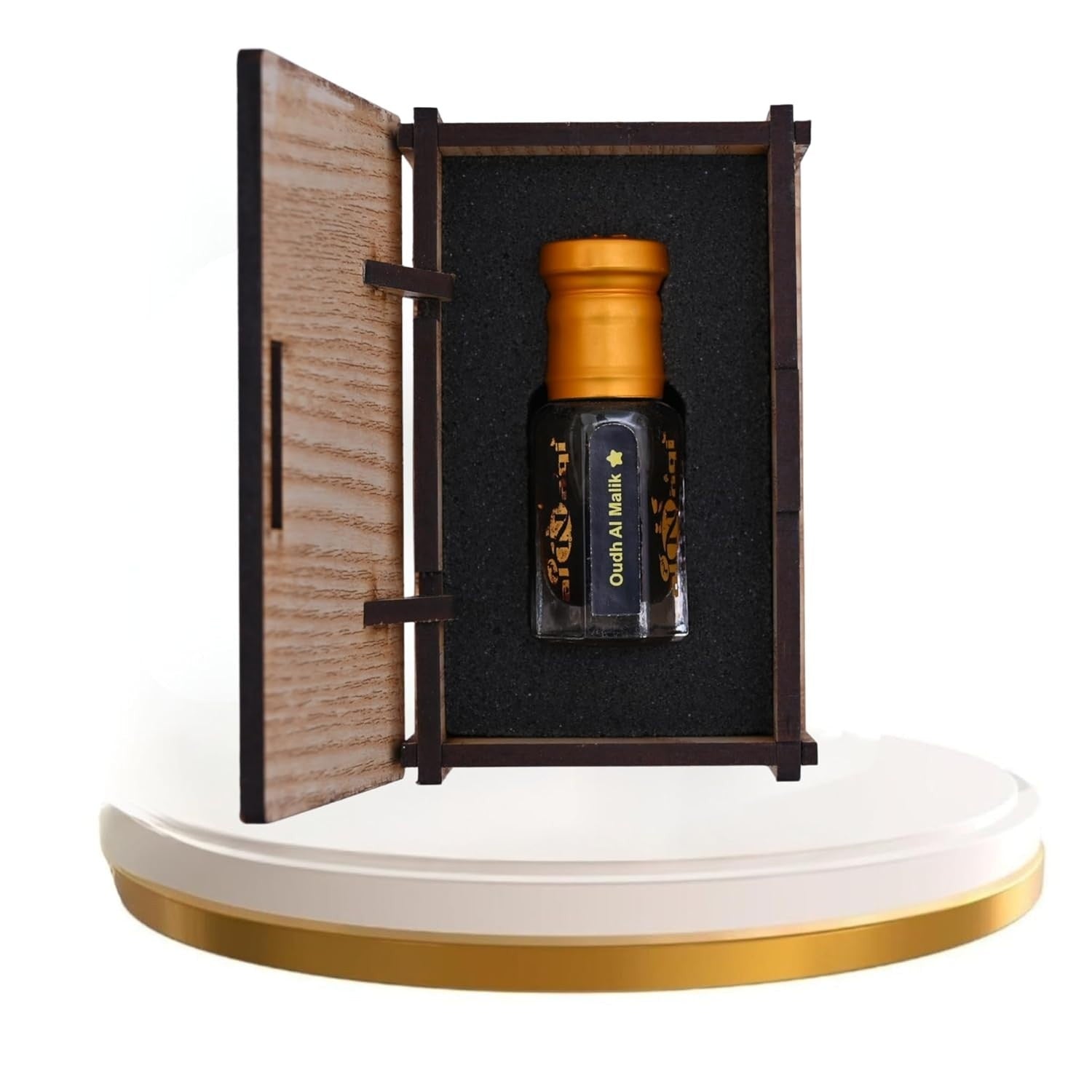 Perfume bottle in a wooden box on a white and gold platform