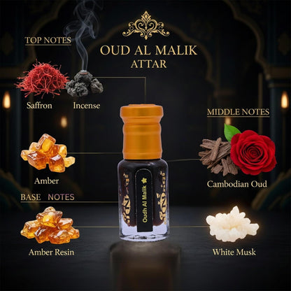 Oud Al Malik Attar bottle with notes description on a dark background