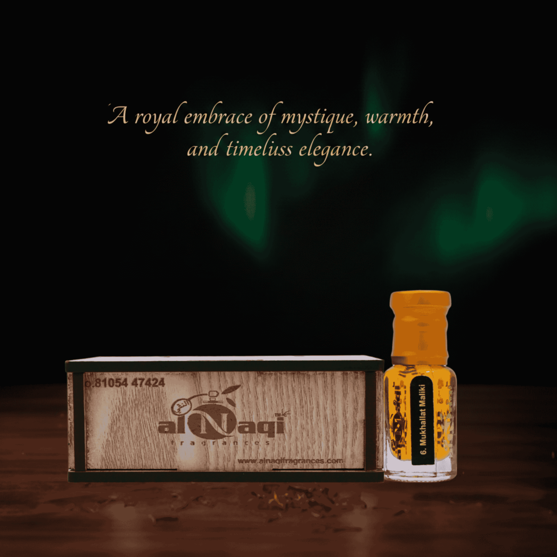 Top view of Mukhallat Maliki attar highlighting the luxurious bottle shape