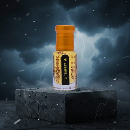 Bottle of T2 Tempest tea on a dark stone platform with a stormy sky background