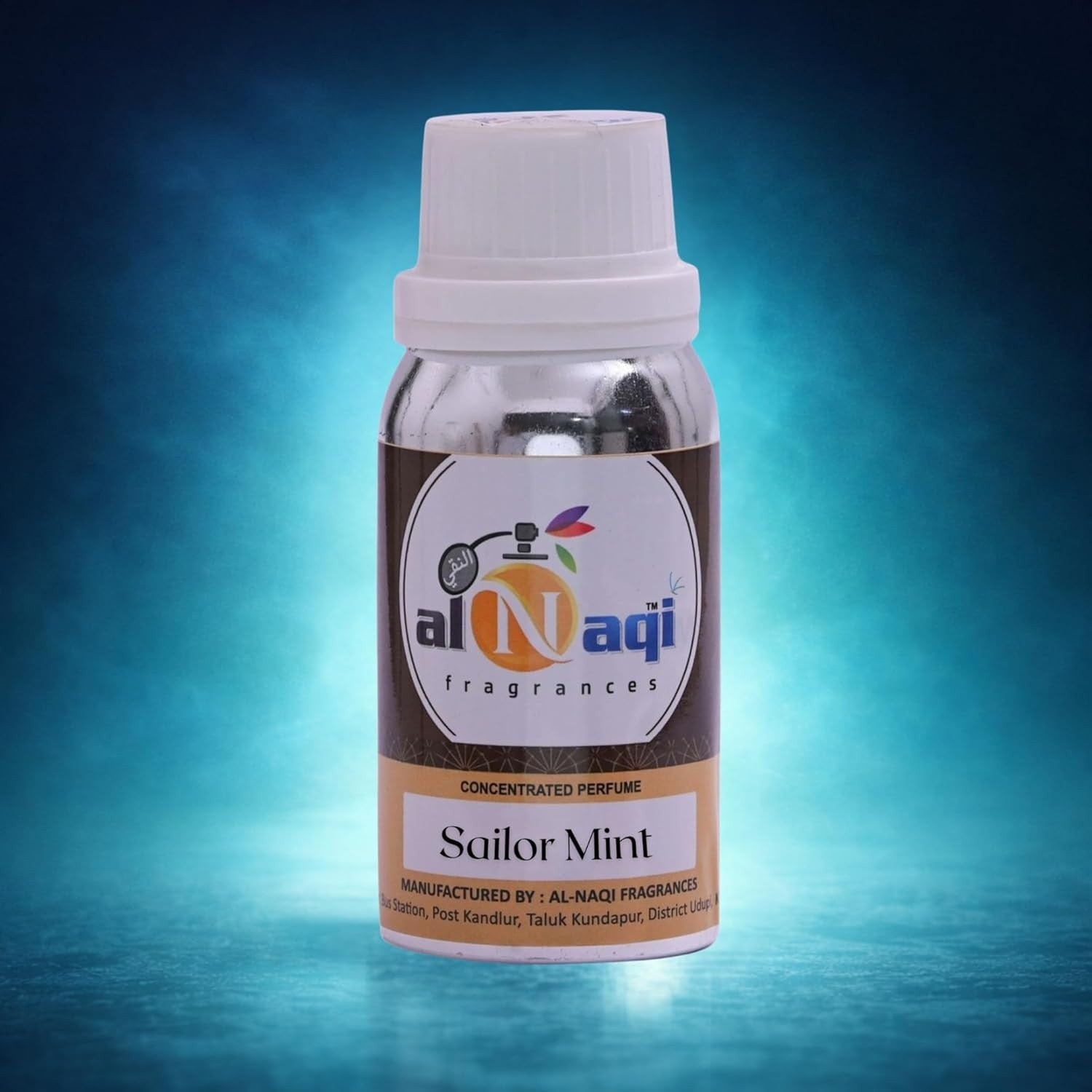 Bottle of Al-Naqi Sailor Mint perfume on a blue gradient background