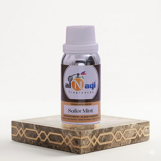 Bottle of Sailor Mint perfume by Al-Naqi on a decorative stand with a white background