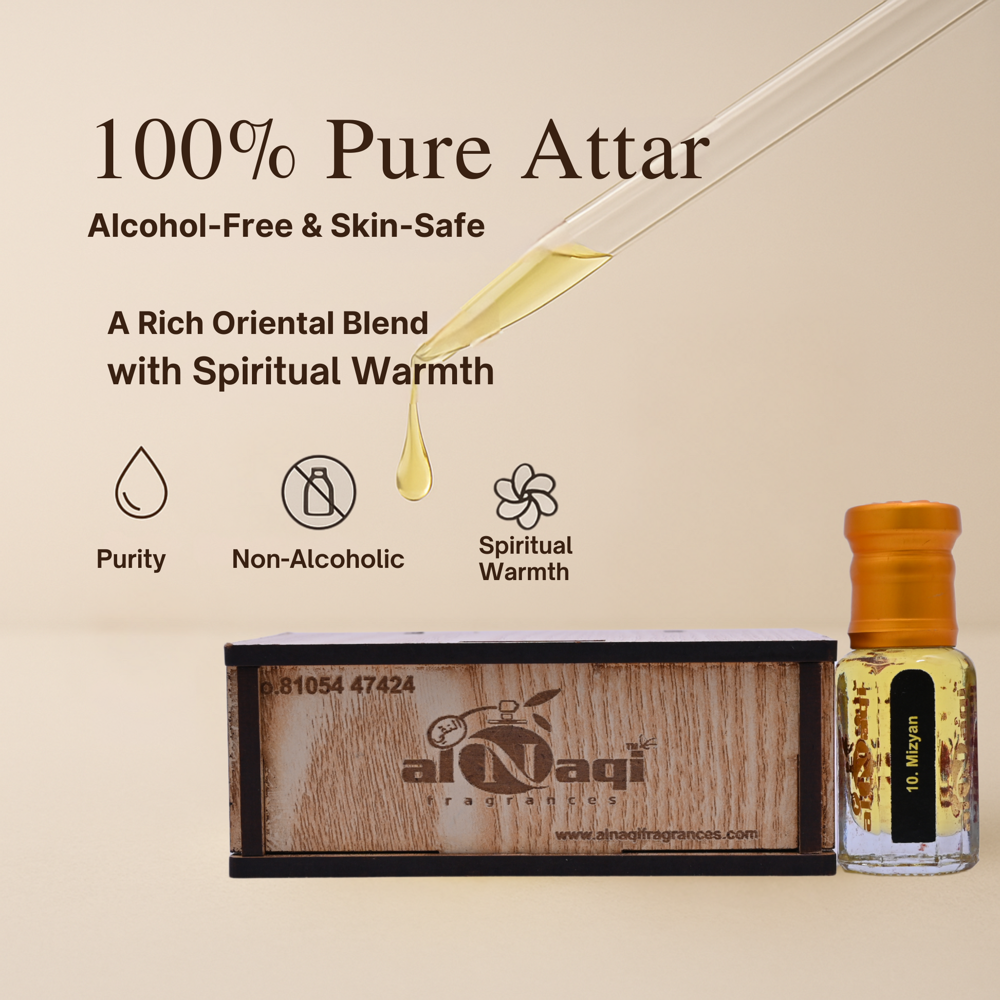 Alcohol-free and skin-safe pure attar with dropper and packaging on a beige background