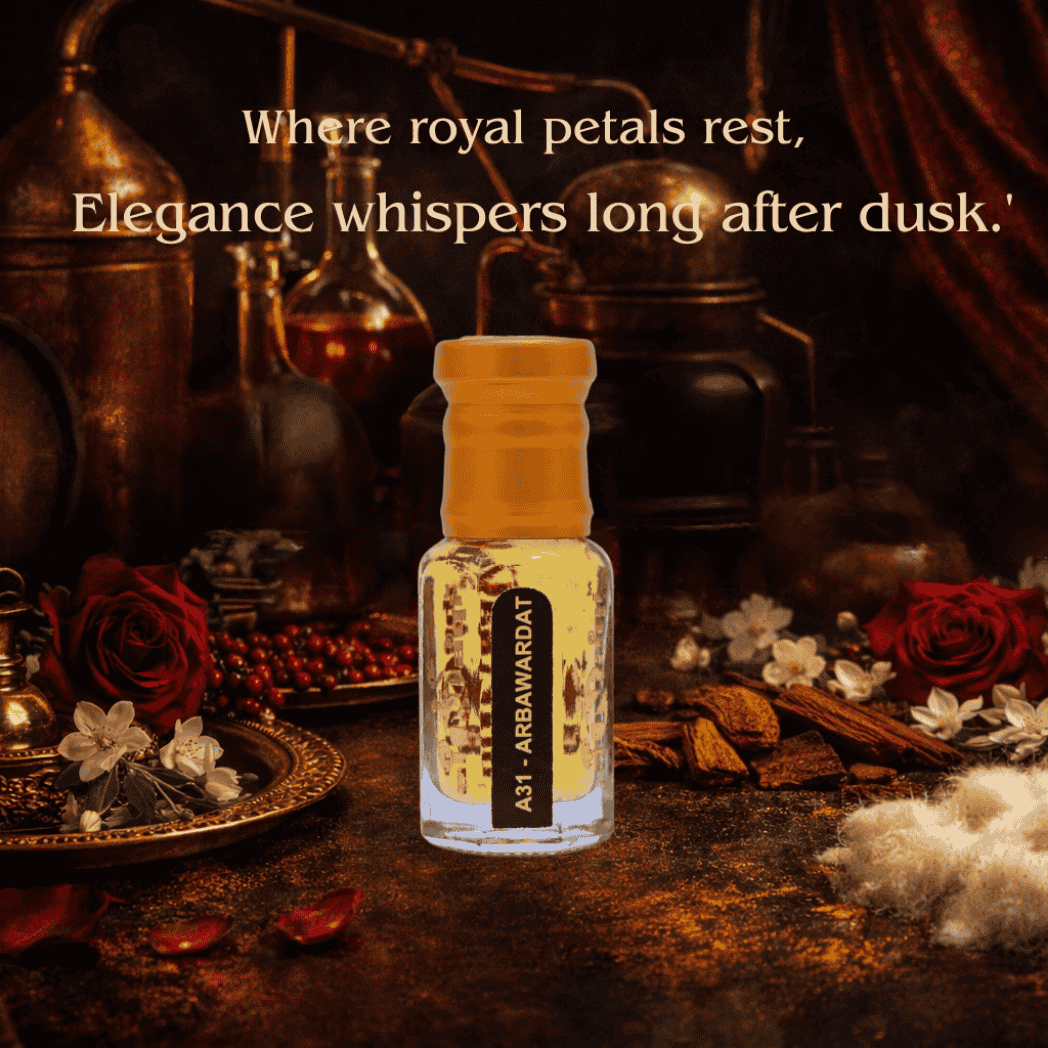 Detailed view of the rich liquid inside the Alnaqi Arba Vardat attar bottle.