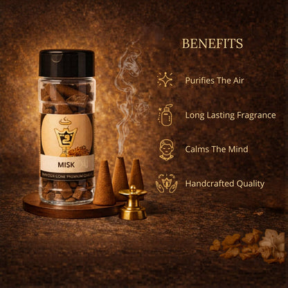Misk incense bottle with smoke, cones, and a decorative lamp on a brown background with text listing benefits.