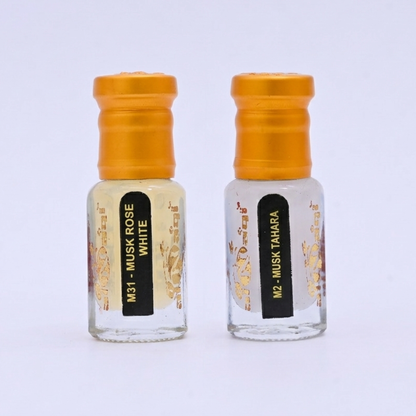 Musk Rose White and Musk Tahara halal attar oil combo set in glass bottles with gold caps