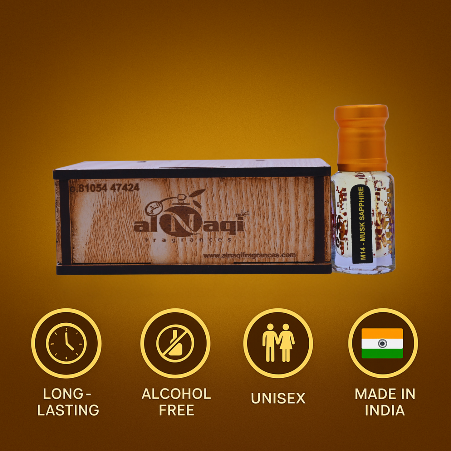 Al Naqi perfume bottle and packaging on a yellow background with product features displayed.