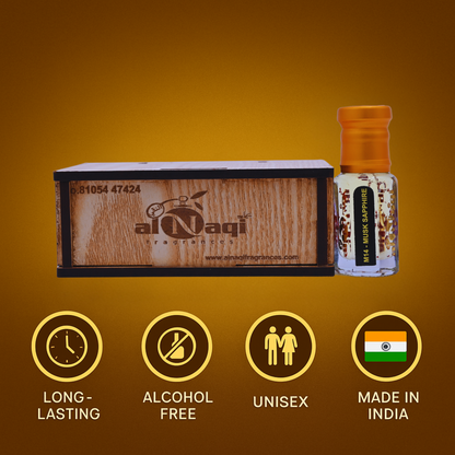 Al Naqi perfume bottle and packaging on a yellow background with product features displayed.