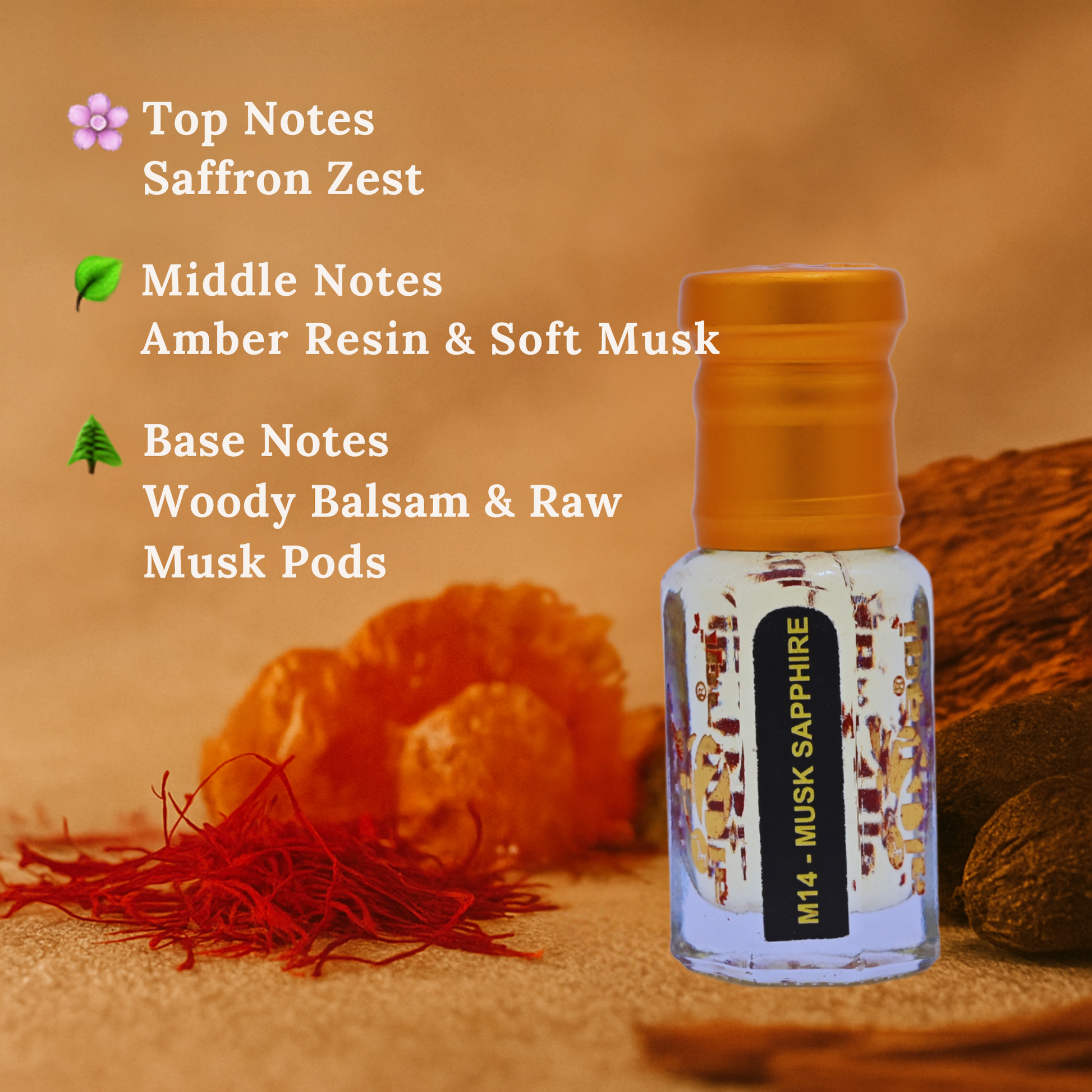 Bottle of Musk Sapphire with notes description on a warm-toned background