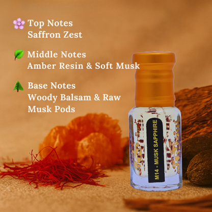 Bottle of Musk Sapphire with notes description on a warm-toned background