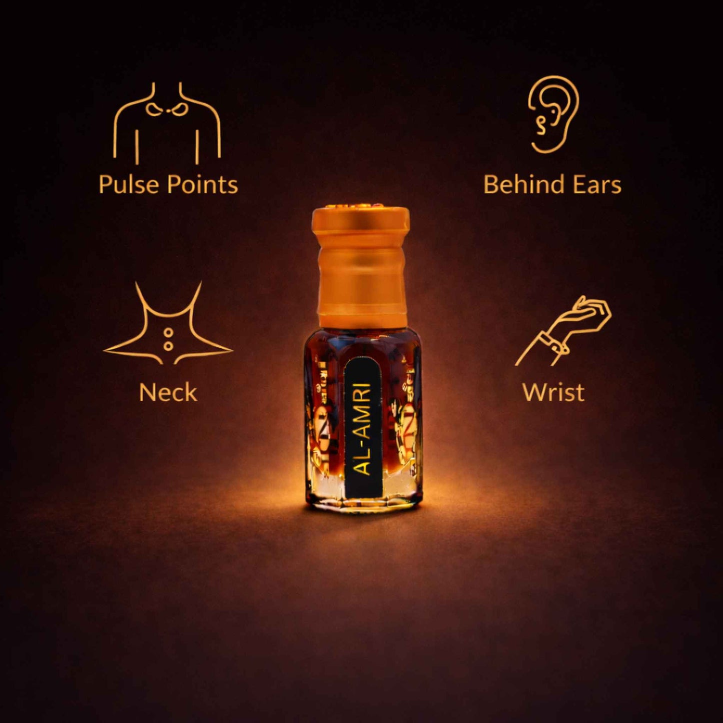 Bottle of Al-Amri oil with usage instructions on a dark background