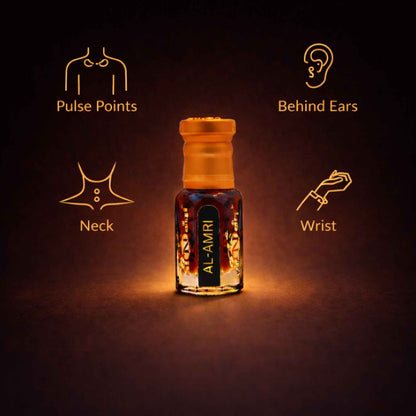Bottle of Al-Amri oil with usage instructions on a dark background