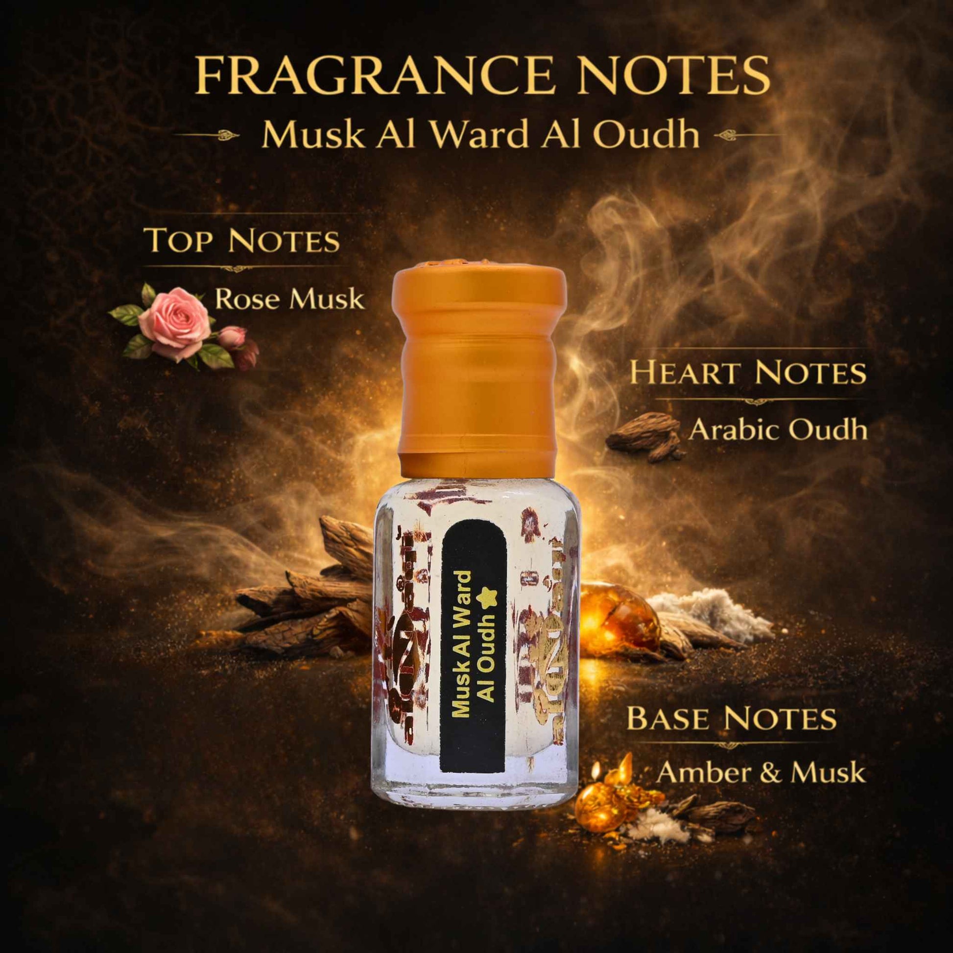 Fragrance bottle with smoke and floral elements on a dark background
