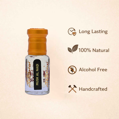 Vial of perfume in a wooden box with 'Long Lasting', 'Alcohol Free', and 'Pure Musk' features displayed.