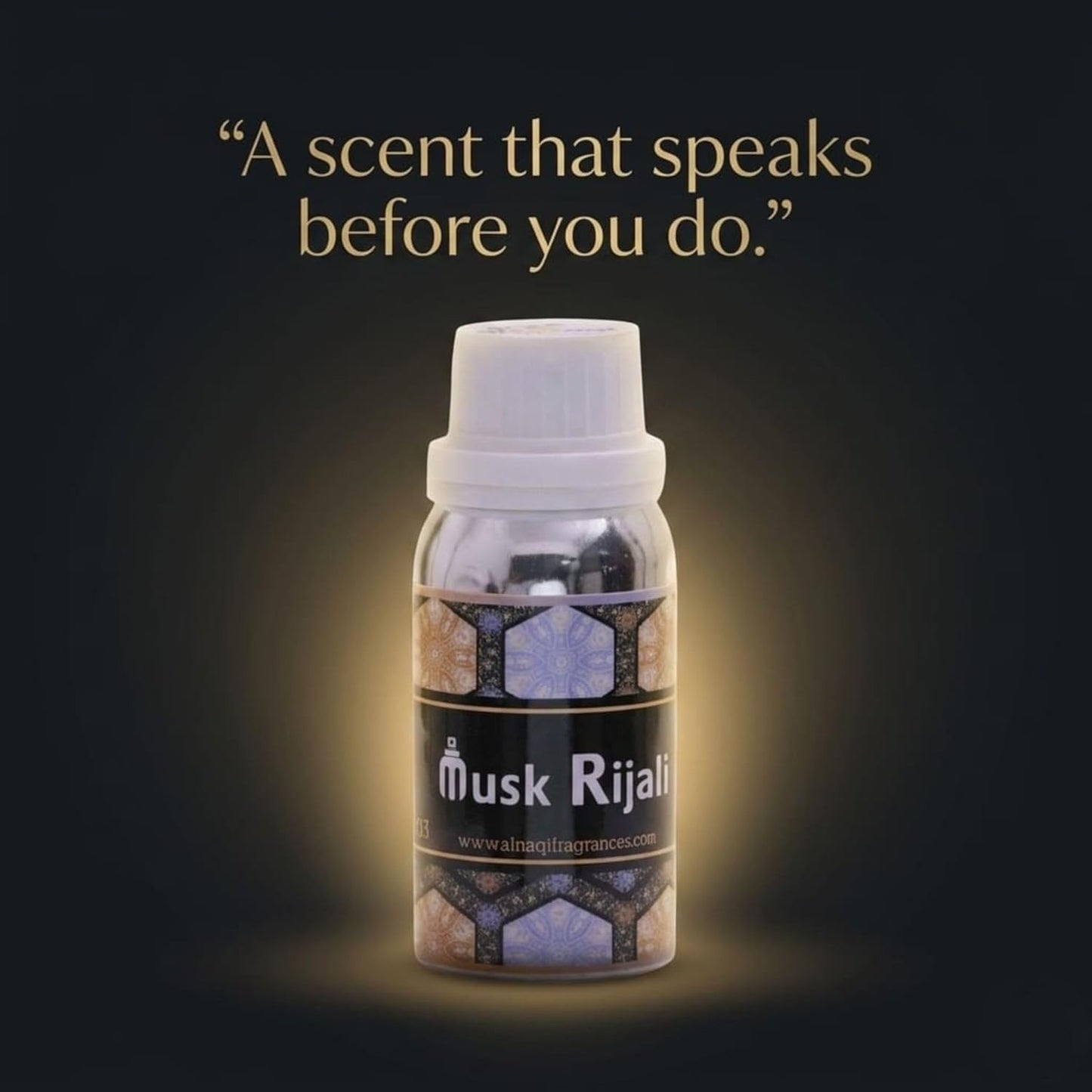 Bottle of Musk Rijal with a dark background and text quote.