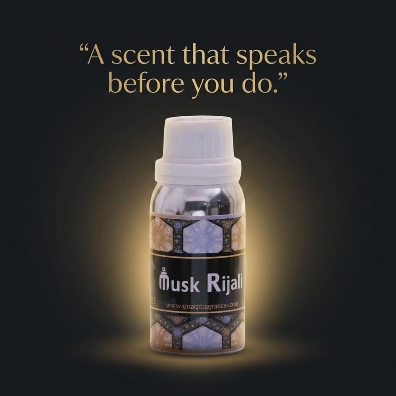 Bottle of Musk Rijal with a dark background and text quote.