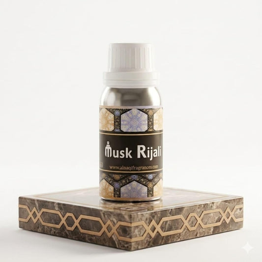 Bottle of Musk Rijali on a decorative stone surface with a white background