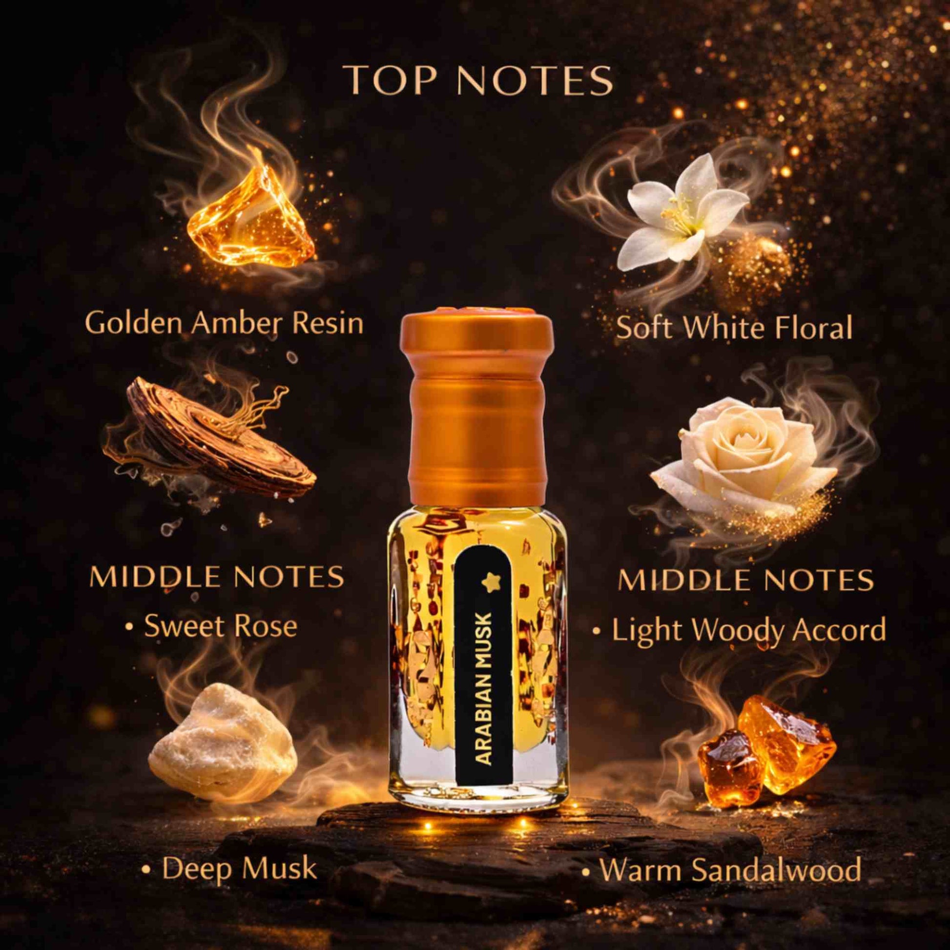 Arabian Musk perfume bottle with top and middle notes displayed on a dark background