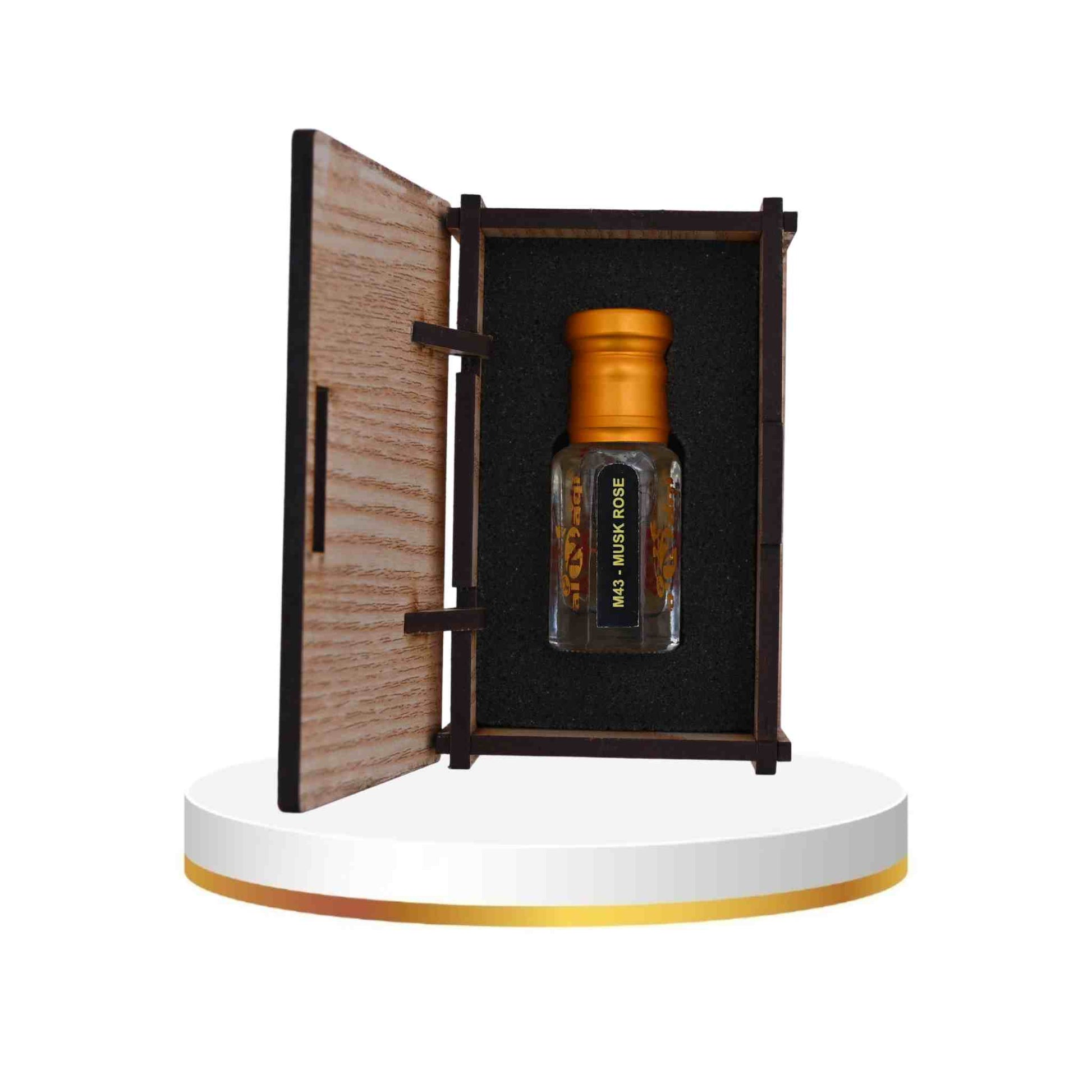 Small bottle with wooden cap on a decorative stand with open wooden panel