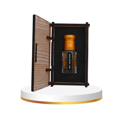 Small bottle with wooden cap on a decorative stand with open wooden panel
