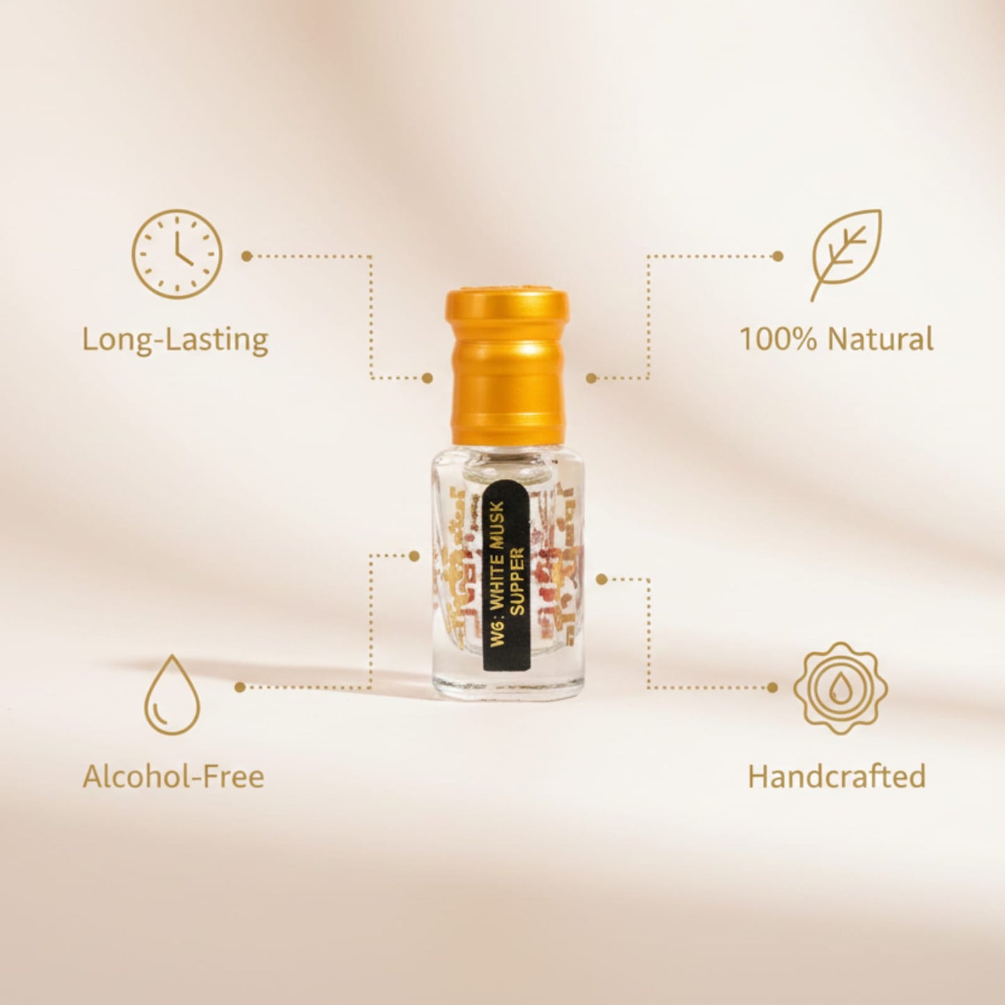 Vial of white musk with gold cap on a beige background, featuring text about product attributes.