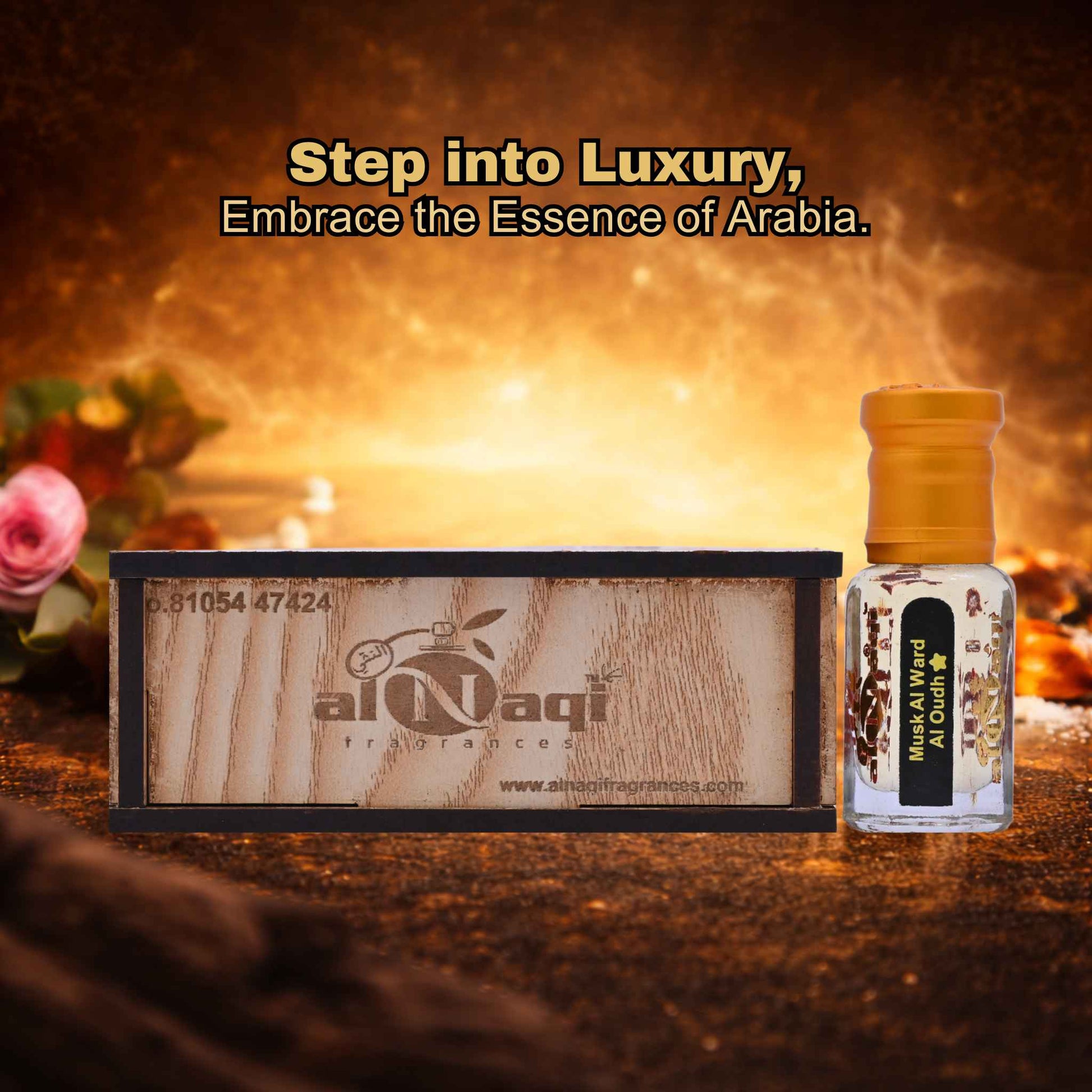 Al Naga' perfume bottle and packaging with 'Step into Luxury, Embrace the Essence of Arabia' text.