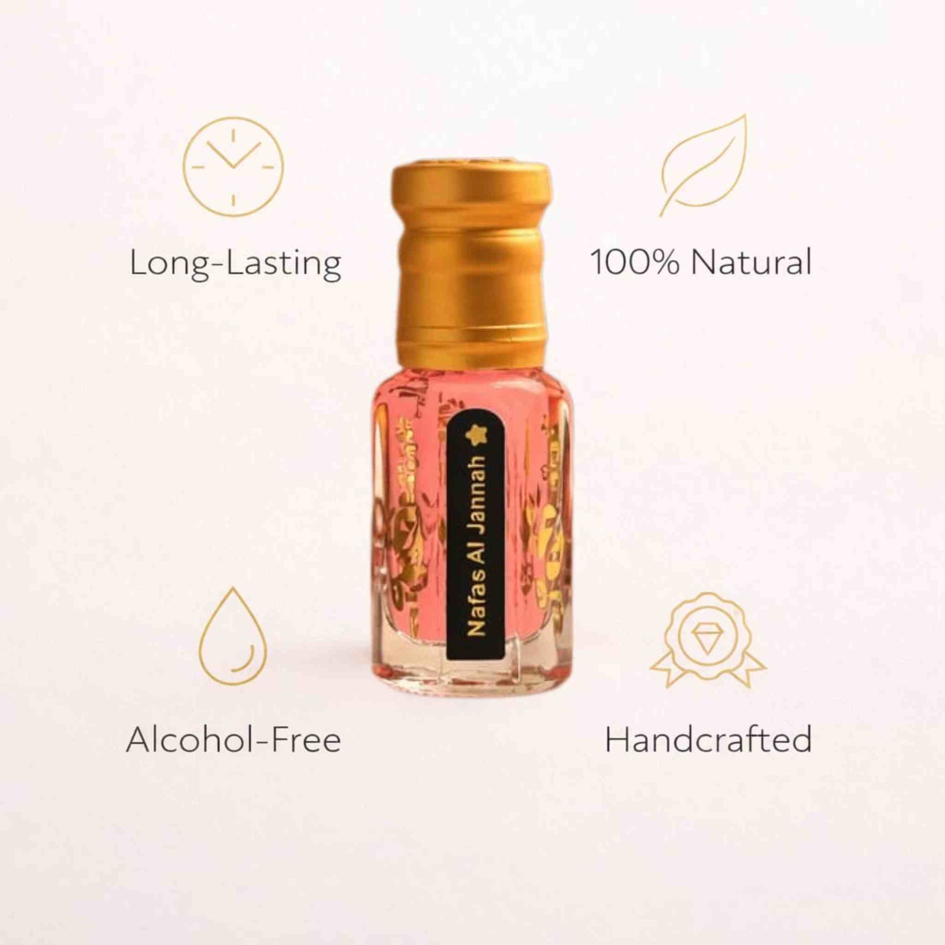 Perfume bottle with gold cap on a light pink background, featuring icons and text about product attributes.