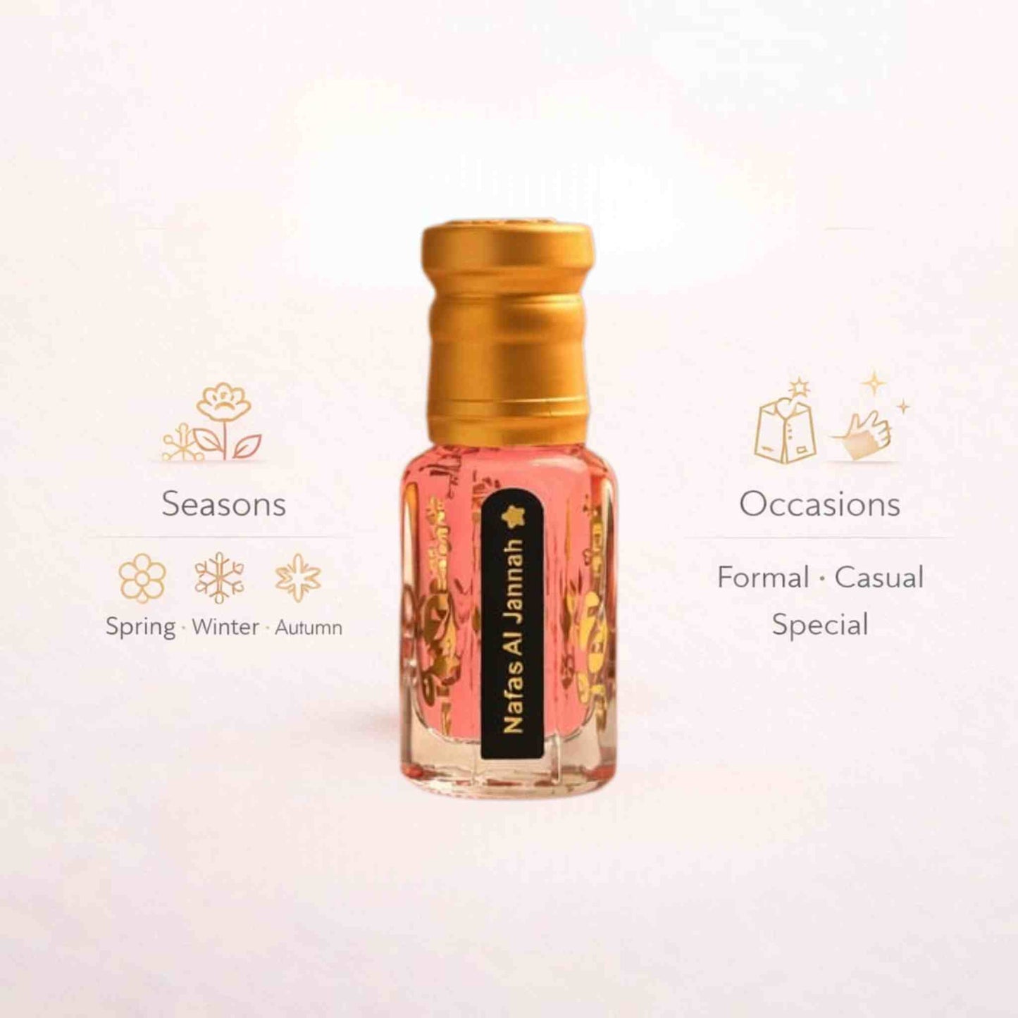Perfume bottle with gold cap on a light pink background, labeled 'Nafis Al Jannah'.