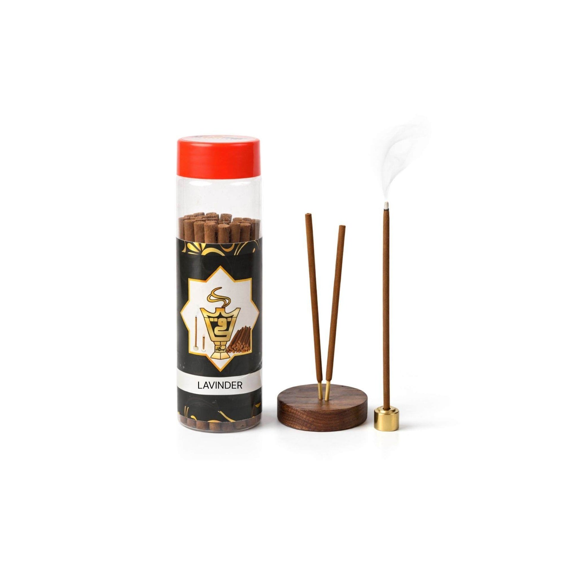 Incense stick set with a cylindrical container labeled 'Lavender' on a white background