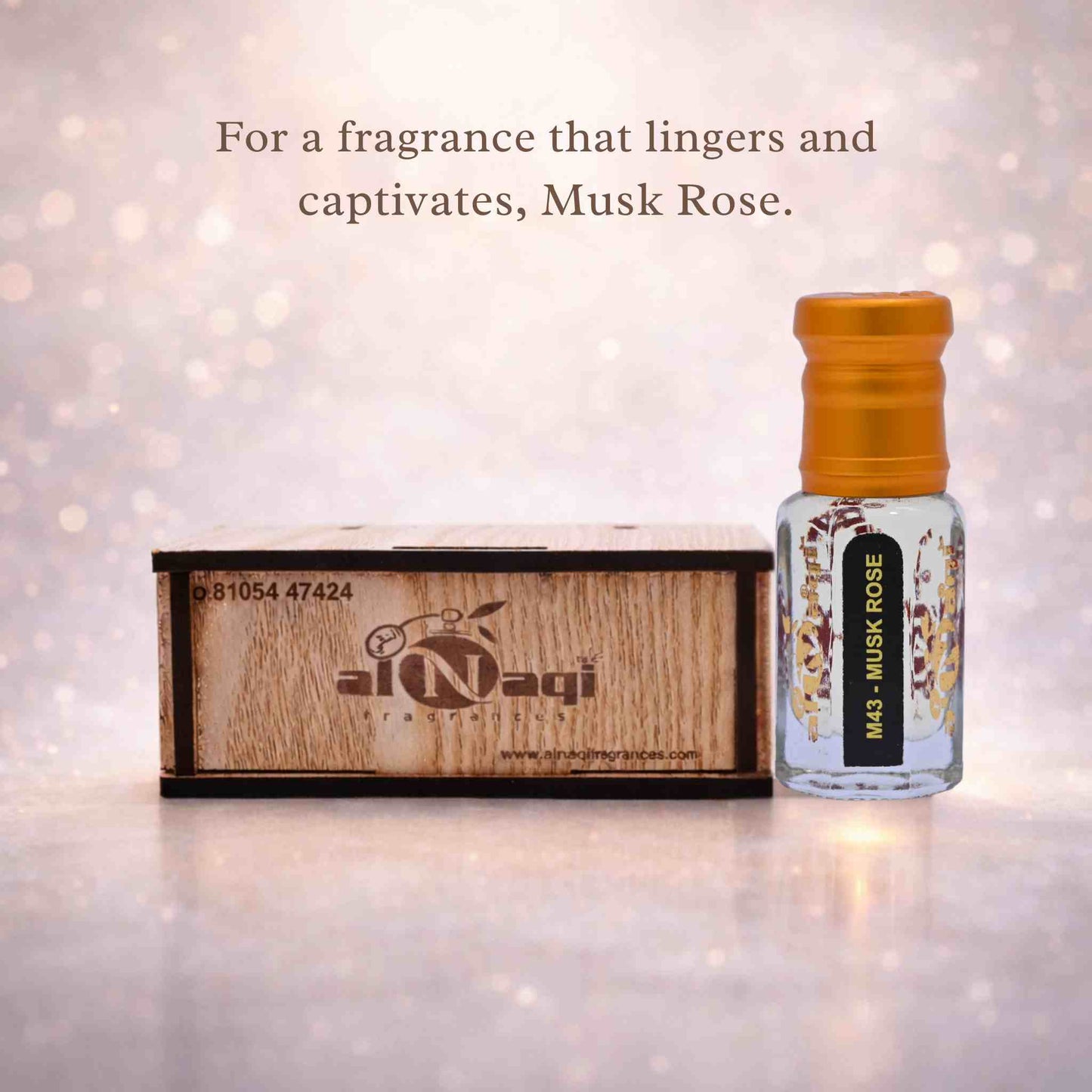 Musk Rose perfume bottle with wooden box on a soft background