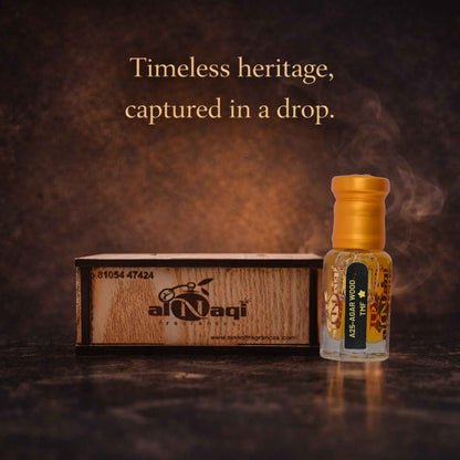 Al-Naqi perfume bottle and wooden box with text 'Timeless heritage, captured in a drop.' on a dark background