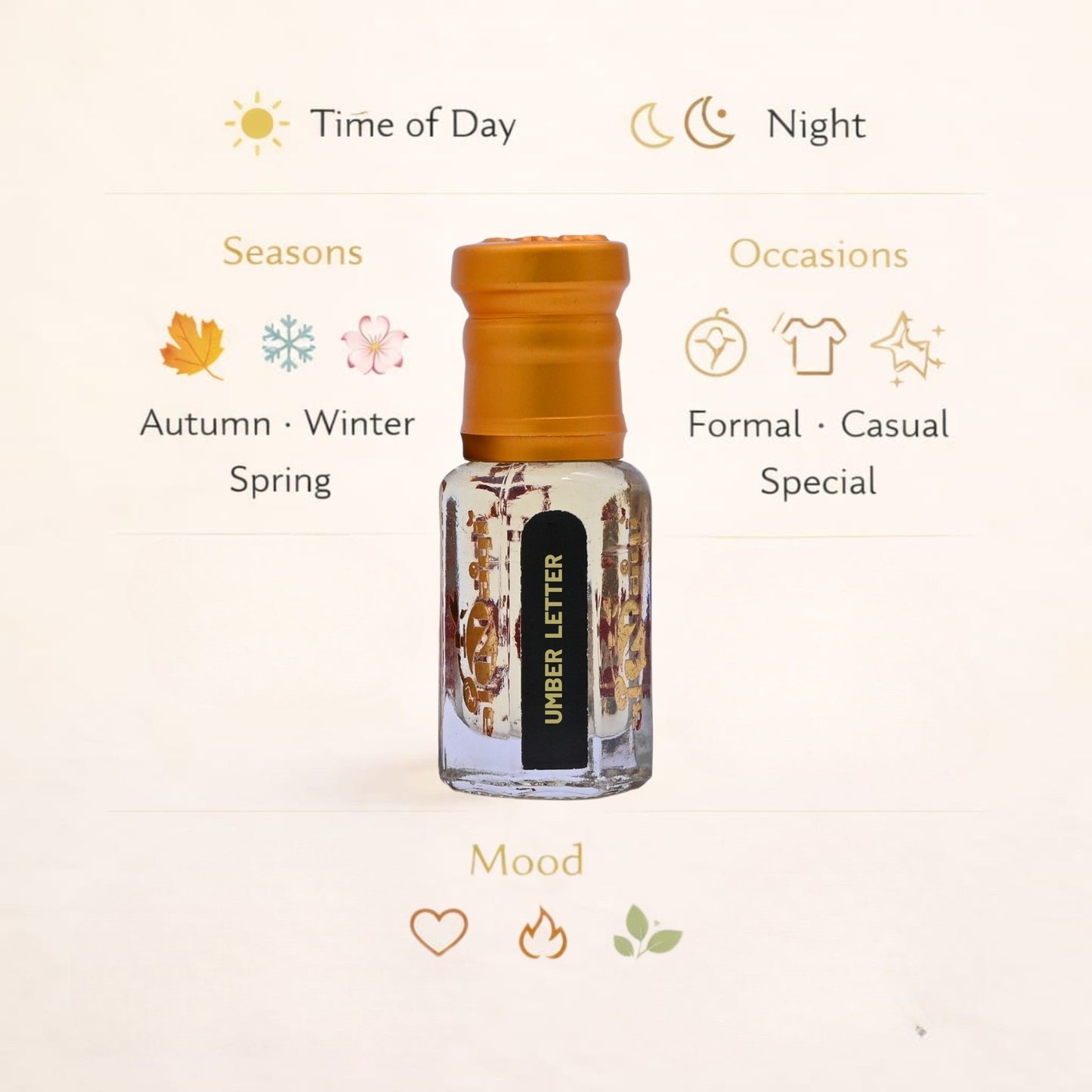 Small bottle with an orange cap on a light beige background with icons and text.