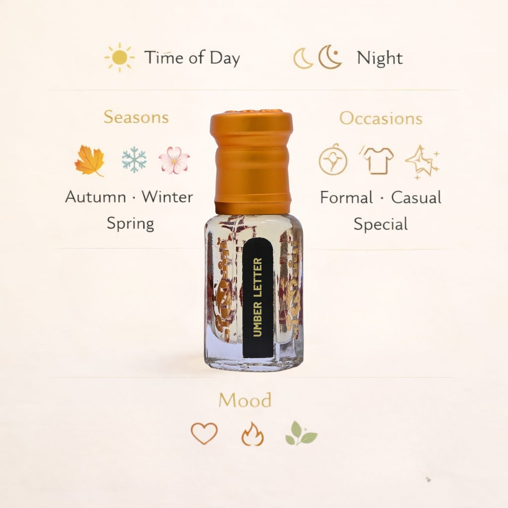 Small bottle with an orange cap on a light beige background with icons and text.